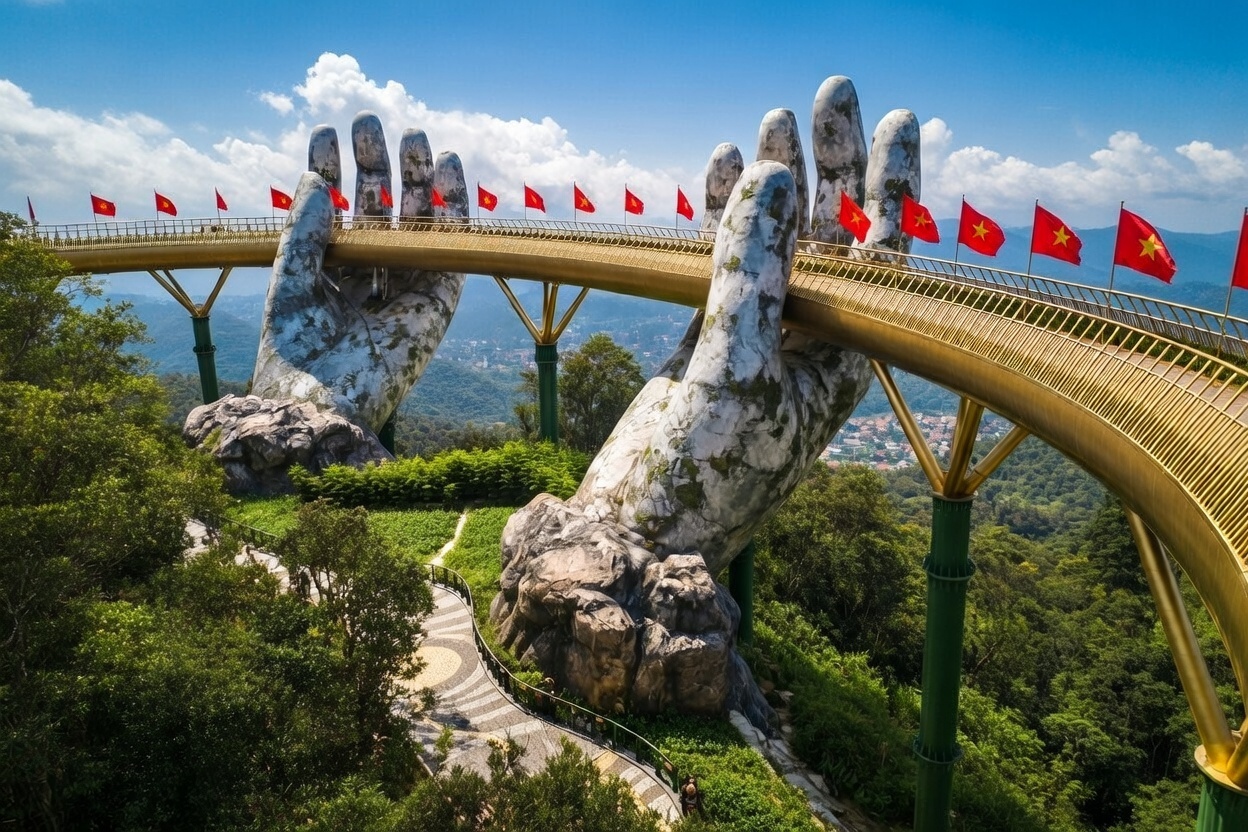 Golden Bridge held by giant stone hands at Ba Na Hills Da Nang